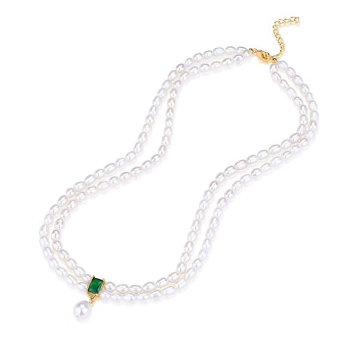 Super-Slim Freshwater Pearl Double Strand Emerald Layer Necklace - Zafari Studio Jewelry