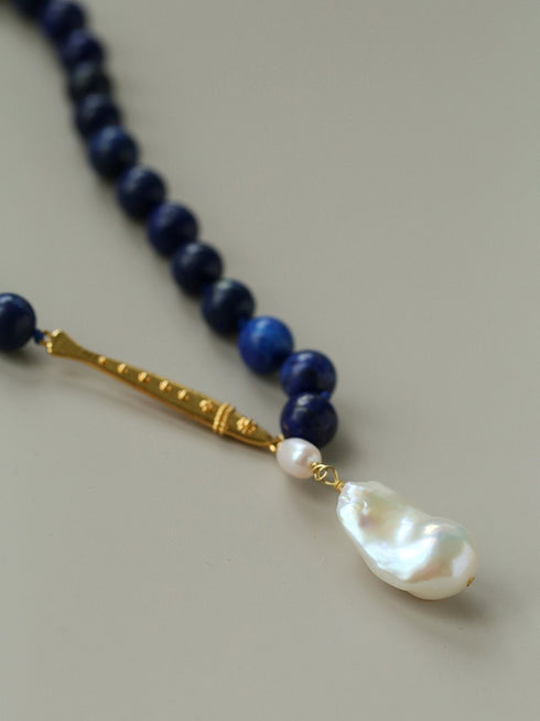 Baroque Pearl Pendant Lapis Lazuli Beaded Necklace - Zafari Studio Jewelry