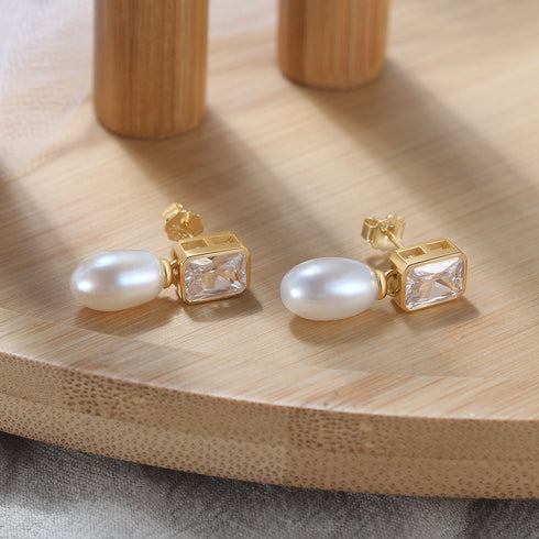 Square Zirconia Teardrop Pearl Earrings - Zafari Studio Jewelry