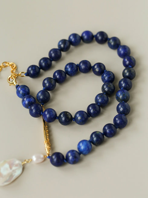Baroque Pearl Pendant Lapis Lazuli Beaded Necklace - Zafari Studio Jewelry