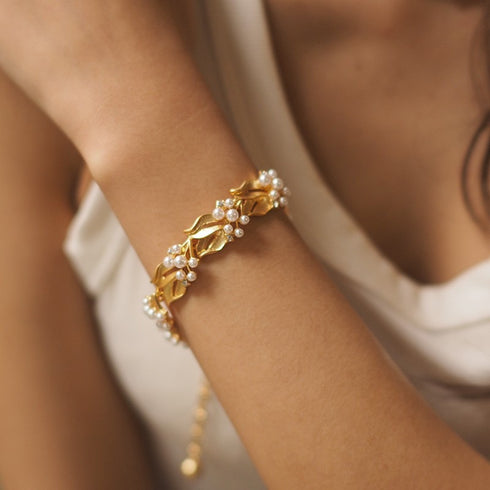 Vintage Leaf Pearls Necklace,Bracelet and Earrings Set (Purchase Individually) - Zafari Studio Jewelry