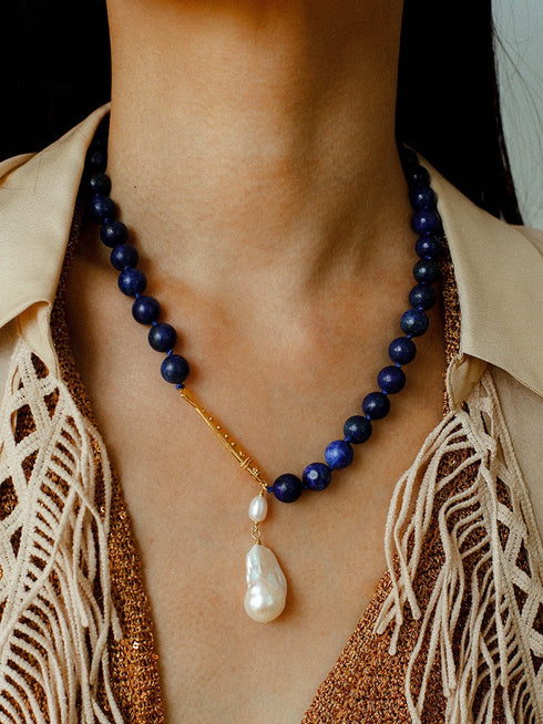 Baroque Pearl Pendant Lapis Lazuli Beaded Necklace - Zafari Studio Jewelry