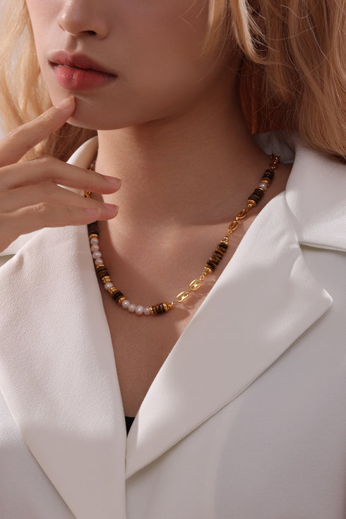 Tiger Eyes Gemstons with Pearls Necklace - Zafari Studio - Zafari Jewlery