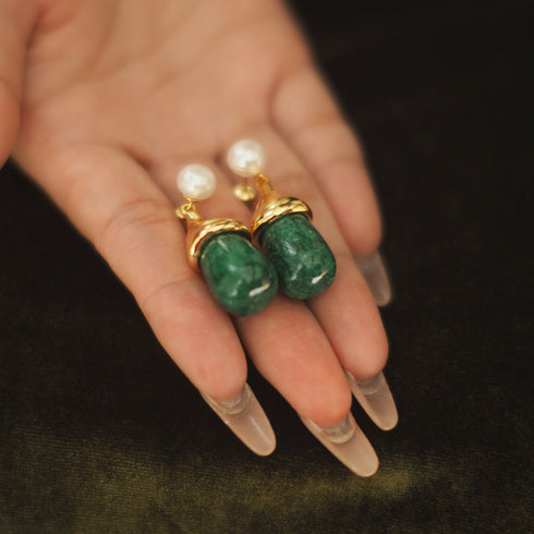 Vintage Pearl & Peacock Green Gemstone Earrings - Zafari Studio Jewelry