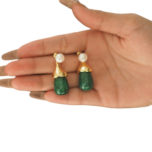 Vintage Pearl & Peacock Green Gemstone Earrings - Zafari Studio Jewelry