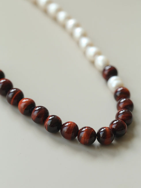 Baroque Pearl & Tiger Eye Stone Beaded Necklace - Zafari Studio Jewelry