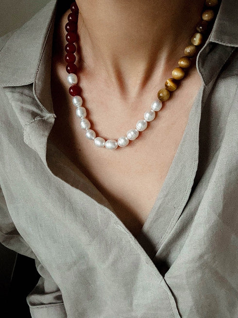 Baroque Pearl & Tiger Eye Stone Beaded Necklace - Zafari Studio Jewelry