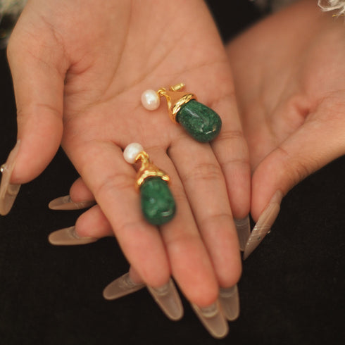 Vintage Pearl & Peacock Green Gemstone Earrings - Zafari Studio Jewelry