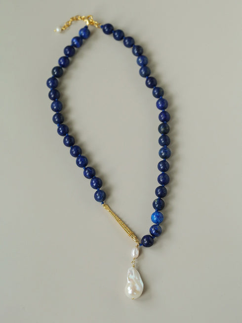 Baroque Pearl Pendant Lapis Lazuli Beaded Necklace - Zafari Studio Jewelry