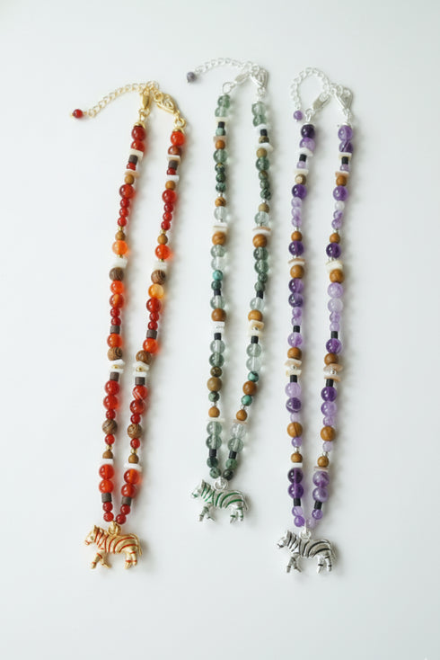 Natural Stone Beaded Zebra Pendant Necklace