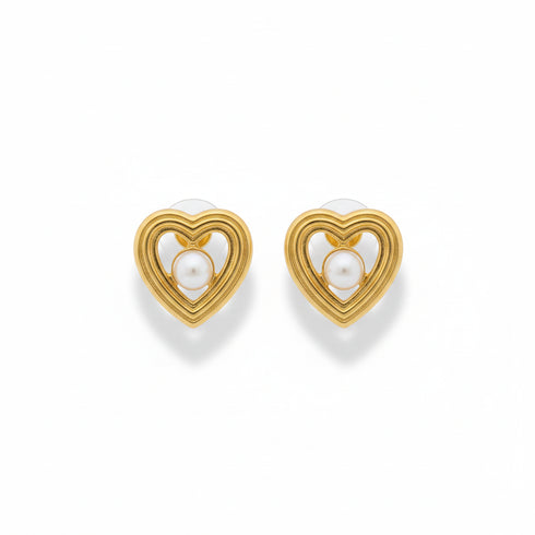Gold Heart Pearl Stud Earrings