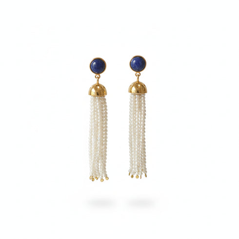 Blue Lapis & Pearl Tassel Earrings