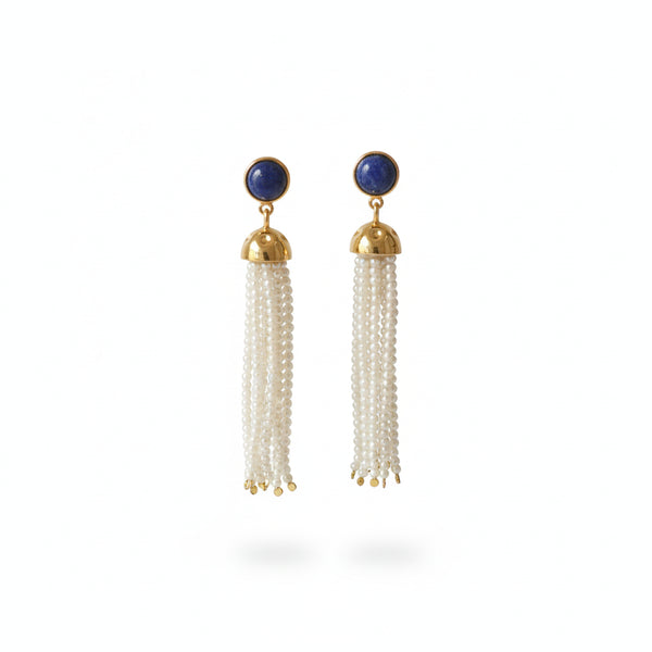 Blue Lapis & Pearl Tassel Earrings