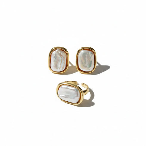 Geometric Square Pearl Stud Earrings, Ring or Full Set