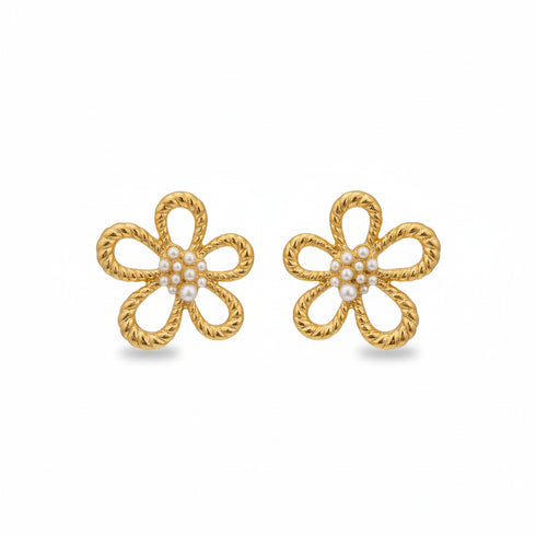 Gold Flower Pearl Stud Earrings