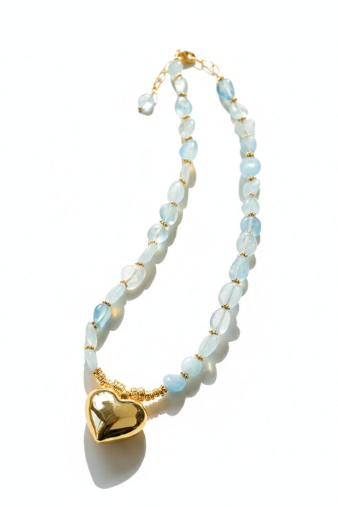 Aquamarine Beaded Heart Pendant Necklace