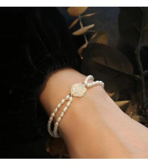 White Shell Rose & Freshwater Pearl Bracelet