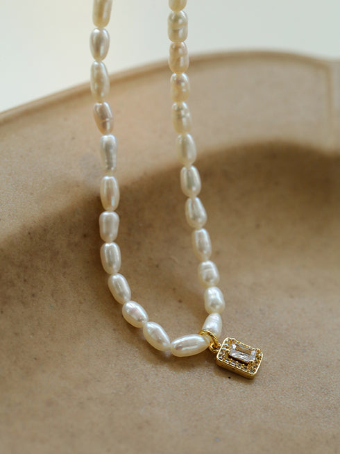 White Zirconia Rice Pearl Necklace - Zafari Studio Jewelry