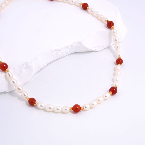 Natural Red Agate Pearl Beaded Necklace - Zafari Studio Jewelry