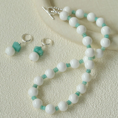 Amazonite Shell Beads Necklace, Earrings - Zafari Studio Jewelry