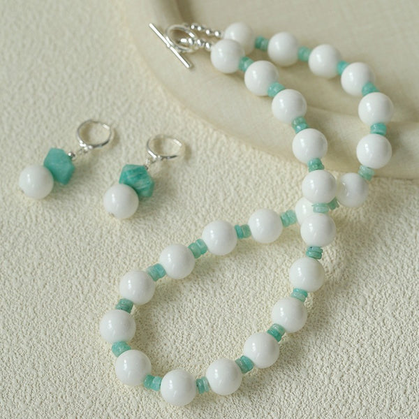 Amazonite Shell Beads Necklace, Earrings - Zafari Studio Jewelry
