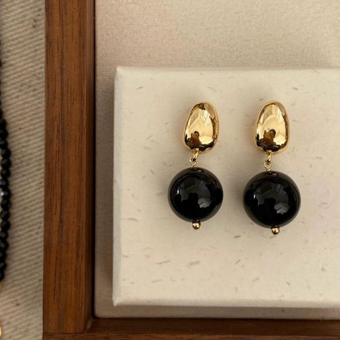 12mm Black Agate Ball Earrings - Zafari Studio Jewelry