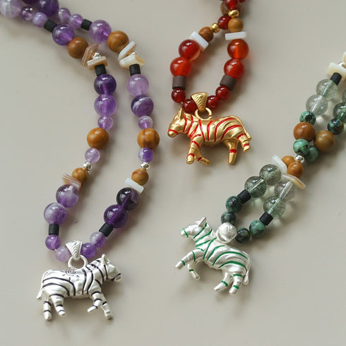 Agate Wood Beaded Zebra Pendant Necklace - Zafari Studio Jewelry