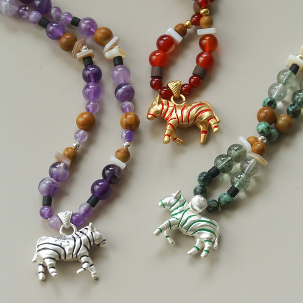 Agate Wood Beaded Zebra Pendant Necklace - Zafari Studio Jewelry