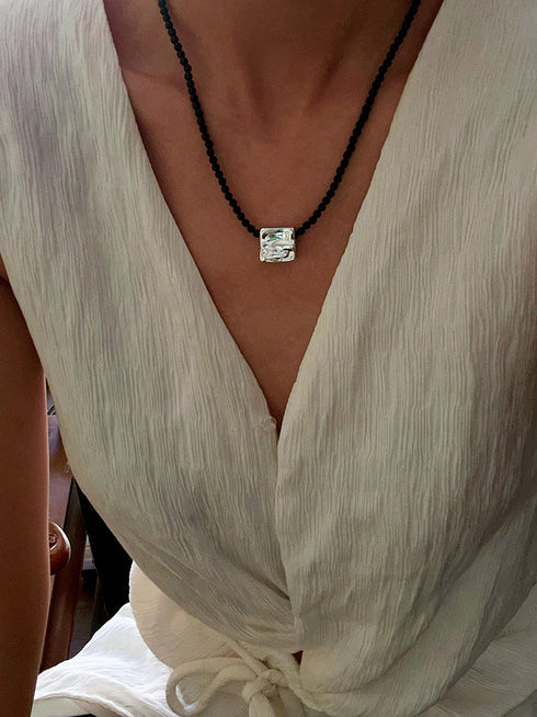 Square Pendant Beaded Stones Necklace - Zafari Studio Jewelry