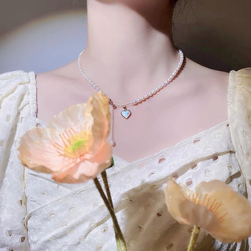 White Shell Heart Pendant Pearl Beaded Necklace - Zafari Studio Jewelry