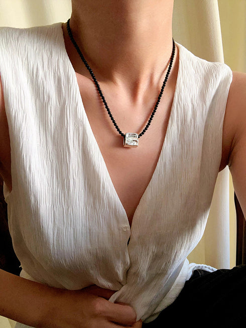 Square Pendant Beaded Stones Necklace - Zafari Studio Jewelry