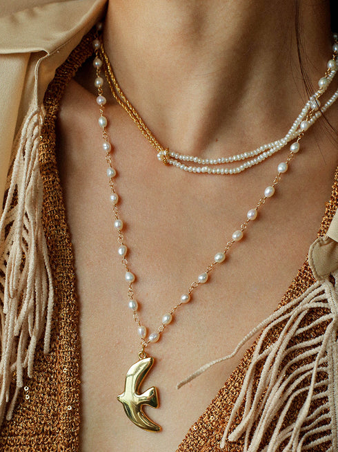 Gold Pigeon Pendant Freshwater Pearl Necklace - Zafari Studio Jewelry