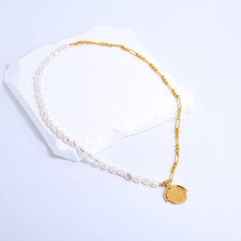 Freshwater Pearl Beads Gold Chain & Coin Pendant - Zafari Studio Jewelry