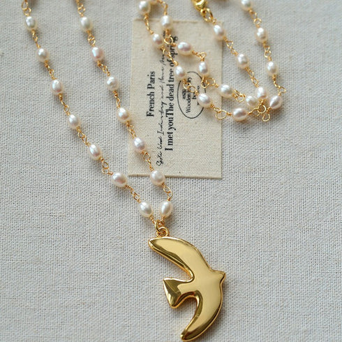 Gold Pigeon Pendant Freshwater Pearl Necklace - Zafari Studio Jewelry