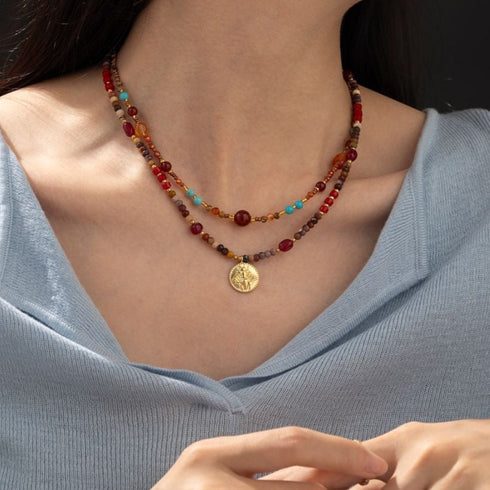 Dopamine Beaded Coin Pendant Necklace - Zafari Studio Jewelry