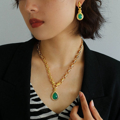 Vintage Green Crystal Chain Necklace l Earrings I Set - Zafari Studio Jewelry