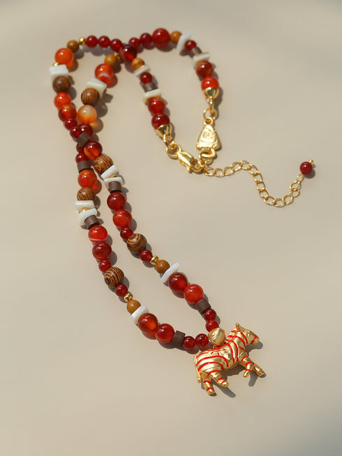 Agate Wood Beaded Zebra Pendant Necklace - Zafari Studio Jewelry