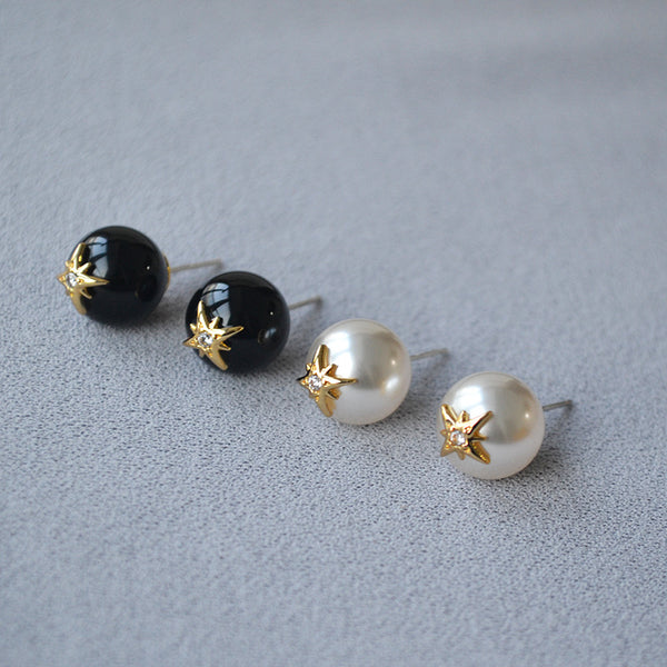 Star Pearl, Black Agate Stud Earrings