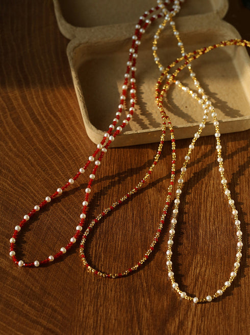 Red Spinel & Pearl Long Beaded Necklace