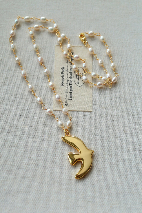 Gold Pigeon Pendant Freshwater Pearl Necklace - Zafari Studio Jewelry