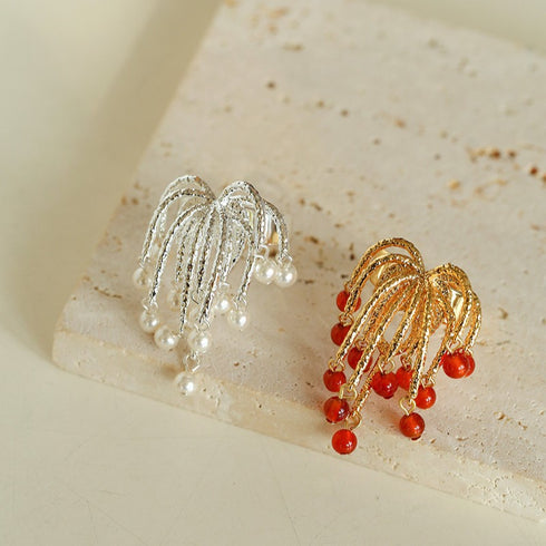 Red Agate, Pearl Firework Earrings - Zafari Studio Jewelry