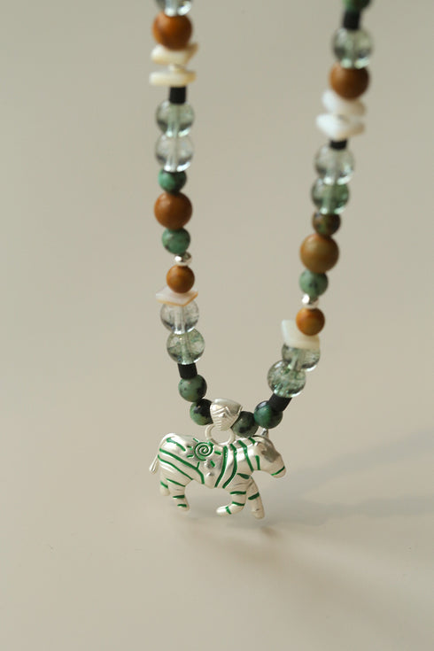 Agate Wood Beaded Zebra Pendant Necklace - Zafari Studio Jewelry
