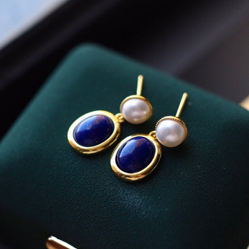 Blue Lapis Lazuli Button Pearl Drop Earrings - Zafari Studio Jewelry