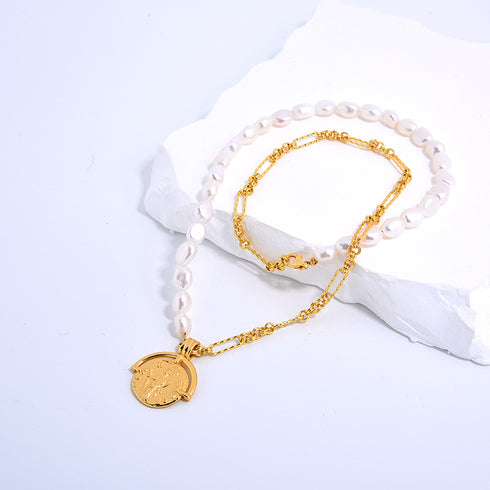 Freshwater Pearl Beads Gold Chain & Coin Pendant - Zafari Studio Jewelry