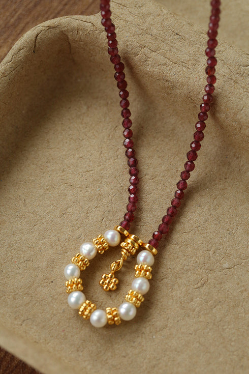 Garnet Beaded Pearl Knot Pendant Necklace - Zafari Studio Jewelry