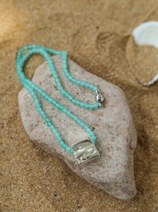 Square Pendant Beaded Stones Necklace - Zafari Studio Jewelry