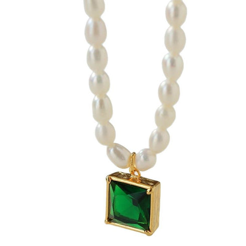 Colorful Zirconia Pendant Rice Pearl Necklace - Zafari Studio Jewelry