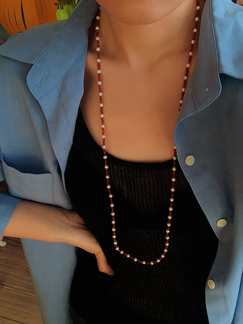Red Spinel & Pearl Long Beaded Necklace