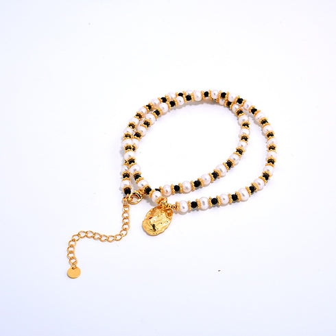Vintage Gold Coin Pendant Pearl Beaded Necklace - Zafari Studio Jewelry