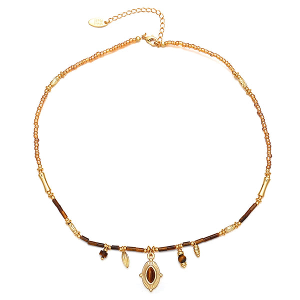 Vintage Brass Splicing Beaded Pendant Necklace - Zafari Studio Jewelry